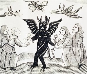 悪魔に子供たちを紹介する、esotericaのチャプブックのコレクションで使用された森の魔女のイラストのコピー 作： English School