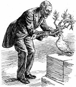 国際連盟」と書かれたオリーブの枝を平和の鳩に渡すウィルソン大統領（1919年3月26日、ロンドン「パンチ」より）。