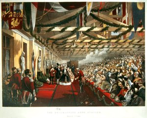 1863年3月7日、デンマークのアレクサンドラ王女が、未来の夫であるプリンス・オブ・ウェールズと共にロンドンのブリックレイアーズ・アームズ・ステーションに到着。1863年（カラーリトグラフ）