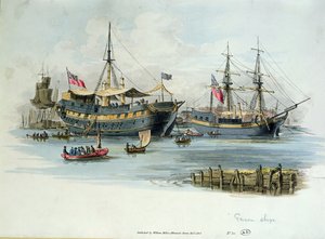 1805年、ナポレオン戦争中にイギリス人がフランスの囚人を収容するために使用した刑務所船（色の彫刻） 作： English School