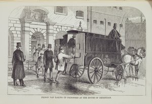 ロンドンの刑務所刑務所とヘンリーメイヒュー（1812-87）とジョンビニーによる刑務所の生活の場面から、拘置所で囚人を取り上げた刑務所ヴァン、1862年 作： English School