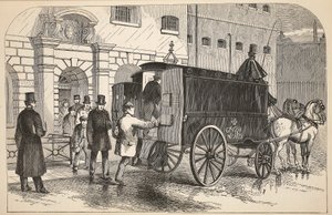 拘置所で囚人を捕まえている刑務所バン、ロンドンの刑務所刑務所のイラスト、ヘンリーメイヒューとパブのジョンビニーによる刑務所生活のシーン。 1862 作： English School