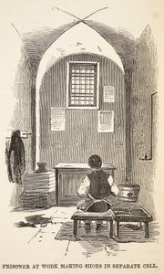 別のセルで靴を作る作業中の囚人、ロンドンの刑務所刑務所のイラスト、ヘンリーメイヒューとパブのジョンビニーによる刑務所生活のシーン。 1862 作： English School