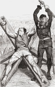 セントアンドリュースクロスで拷問を受けている囚人、1865年頃（木の彫刻） 作： English School