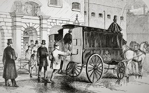 1870年代、「ブラック・マリア」と呼ばれる警察車両に乗り込む囚人たち（刻印）