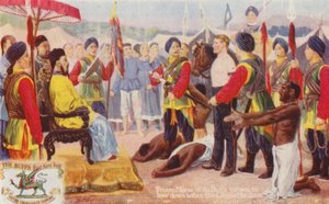 中国のマンダナの前で頭を下げることを拒否するバフスのメイス一等兵（カラーリトグラフ） 作： English School