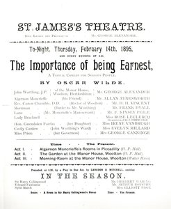 1895年2月14日、セントジェームスシアターでのオスカーワイルド（1854-1900）による「重要性の真面目さ」のパフォーマンスプログラム 作： English School