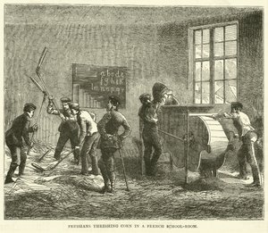 1870年9月、プロイセン人がフランスの学校の部屋でトウモロコシを脱穀 作： English School