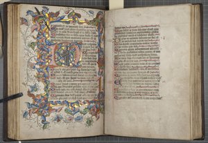 サルム暦のついた詩篇集、Fol 40 verso 41 recto, c.1425-75 (ベラムにインク、絵具、金) 作： English School