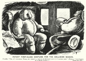 パンチの漫画。衝突の季節のための特許第一級コスチューム-鉄道での安全性（エングレーヴィング 作： English School