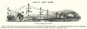パンチの漫画。Swift and Sure - 犯罪追跡のための電気電信の使用（エングレーヴィング 作： English School
