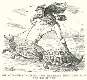 パンチの漫画。The Government Courier with Important Despatches from the Seat of War (e.g. The Government Courier with Important Despatches from the War) 作： English School