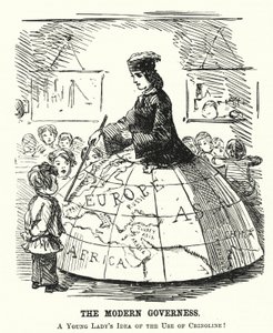 パンチの漫画。The Modern Governess - Wide hoop skirt serving as a geography teaching aid (Engraving) 作： English School