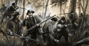 イギリスの兵士によって追跡されたジョージワシントンの部下は、荒涼とした冬の田舎を通って後退しました 作： English School