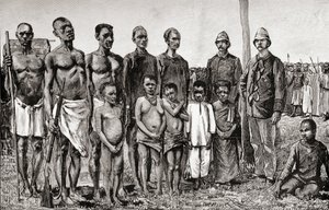 ピグミー原住民とイギリスの将校、スーダン人とザンジバリスの比較、1890年（木の彫刻） 作： English School
