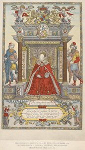 地理学と天文学のパトロンとしてのエリザベス女王。 1579年のイングランドウェールズのサクストンのアトラスの口絵（カラーリソ）