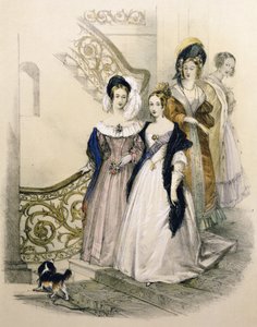 控えの女性たちと階段を上るヴィクトリア女王 作： English School