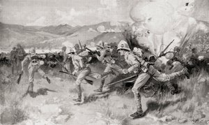 南アフリカ、ナタールのコレンソの戦いで中央攻撃を指揮するクイーンズ・ロイヤル・ウェスト・サリー連隊（ルイス・クレスウィック著『南アフリカとトランスヴァール戦争』より、1900年発行（リトグラフ）。 作： English School