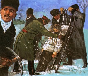 ラスプーチンの体が氷の穴から降ろされている 作： English School