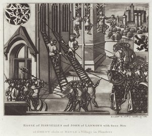 フランダースの村Meule a Villageで6000人のゲントの男性を殺害したRasse of HarsellesとJohn of Lannoys 作： English School