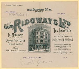 Ridgways、お茶の輸入業者、182 Oxford Street、ロンドンからの領収書 作： English School