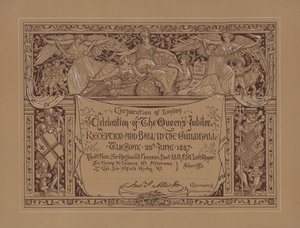 1887年6月28日、ロンドン・シティのギルドホールで行われたヴィクトリア女王の喜寿を祝うレセプションと舞踏会（リトグラフ）。