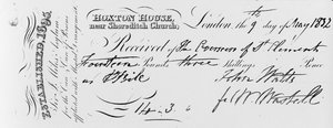 1832年ホクストンハウスでジョナサンマイルズの亡命者が受け取った支払いの領収書（印刷された紙にインク）