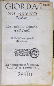 Res 28610ロンドンで出版されたGiordano BrunoによるDe lInfinito Universo et Mondiのタイトルページ、1584（印刷された紙） 作： English School