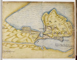 リチャード・グレンヴィルのティンタジェルの計画、1583年頃（紙にペンと水彩） 作： English School