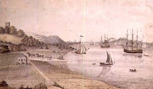 船便とドーバー馬車のある川の風景 1800年頃（ペンとウォッシュ）（72977のペア 作： English School