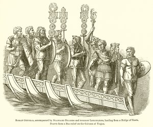 船の橋から上陸するローマ将軍、標準旗手と一般軍団を伴う 作： English School