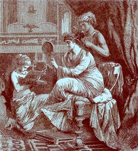 トイレにいるローマの女性、「世界の歴史を描いた歴史」のイラスト、1880年に出版（デジタル処理された画像） 作： English School