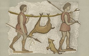 鹿を運ぶ 2 人の男性を示すローマ時代のモザイク (カラー リソ) 作： English School