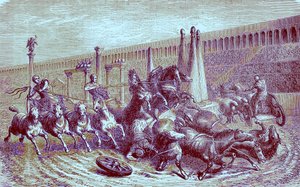 帝国下のローマの公共ゲーム-サーカスの戦車レース、イラストレイテッドヒストリーオブザワールドのイラスト、c.1880を発行（デジタル強化画像） 作： English School