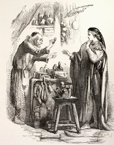 ロミオは薬剤師から毒を購入し、ロミオとジュリエットからのイラストは「イラストレイテッドシェイクスピア」からロンドン1890年に発行されました（リソ）