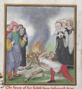 ロイ 18 D II f.161 テーベのクレオン王によって殺害されたアテナイ人の遺体を燃やすテセウス、ジョン リドゲイト作「トロイの本とテーベの物語」より (c.1370-c.1451) 1412-22 (ベラム) 作： English School