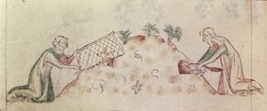 Roy 2 B VII f.155v「女王メアリー詩篇」からのネットとフェレットでウサギを捕まえる女性、c.1310-20（ベラム） 作： English School