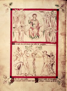 Roy 2 B VII f.3v ミュージシャンの天使に囲まれたマンドルラの神、Eve の誘惑、Queen Mary Psalter、c.1310-20 (ベラム) 作： English School