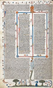 Royal 10 E. IV、f.30v、「The Smithfield Decretals」（ベラム）からの建物の外にいる男性と女性のテキストとページ下のシーン 作： English School