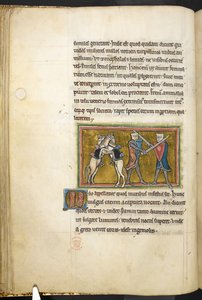 ロイヤル 12 F.XIII、f.42v 馬が後ろ足で戦っている間、2 人の騎士が剣を持って徒歩で戦っています。 、 Bestiary (ff. 3-141)、 Lapidary (ff. 141v-149) から  、13世紀の第2四半期（ベラム） 作： English School