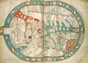 Royal 14 C IX ff.1v-2 大きな世界地図、「ラナルフ・ヒグデンのポリクロニコン」より (ベラム紙にインクとカラー)