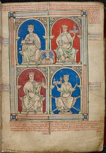 Royal 14 C. VII, f.9 イギリスの 4 人の王: ヘンリー 2 世、リチャード 1 世、ジョン、ヘンリー 3 世とウェストミンスター寺院、「ヒストリア アングロラム」より 作： English School