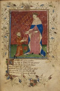 Royal 17 D. VI、f.40 Thomas Hoccleve は、Thomas Hoccleve 作の「The Regement of Princes」からのイラストで、ヘンリー 5 世に本を提供する行為でひざまずきます。 作： English School