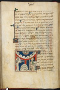 ロイヤル 19 B.XV、f.17v ライオンの口と、逆さになった雲の弧の上に、7 つの雷を表す 6 つの頭があります。 The Queen Mary Apocalypse