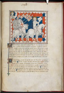 Royal 19 B.XV, f.37 白馬に乗ったライダーとその追随者。 上のジョン、左側、「クイーン メアリー アポカリプス」より (ベラム紙にインク、カラー、ゴールド) 作： English School