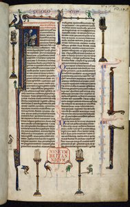 Royal 1 D I, f.1r, Jerome, frades em colunas, da Bíblia de Guilherme de Devon (pergaminho)