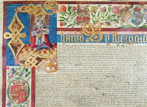 チャールズ2世（1630-85）統治時代の布メーカー団の王立憲章（詳細） 作： English School