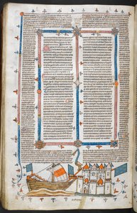 ロイヤル MS 10 IV f.208v 海軍攻撃と限界装飾、「The Smithfield Decretals」のイラスト (ベラム)