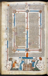 ロイヤル MS 10 IV f.297v ペスト犠牲者の入浴と限界装飾、「The Smithfield Decretals」のイラスト (ベラム) 作： English School