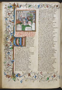 ロイヤル MS 18 D II、f.66v、パトロクルスを殺すヘクターのミニチュア、点灯したイニシャル「W」(鶏) と部分的な葉状の縁取り、ジョン リドゲイト作『トロイ ブック』、1457～60 年頃 (ベラム) 作： English School